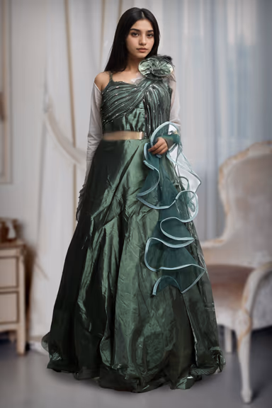 Dark Sage Green Frilled Gown With Stone Worked Yoke Along With Frilled Dupatta — view 2 of 4