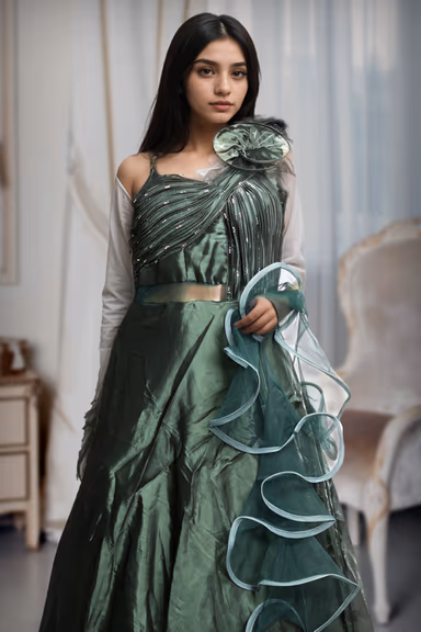 Dark Sage Green Frilled Gown With Stone Worked Yoke Along With Frilled Dupatta — view 1 of 4