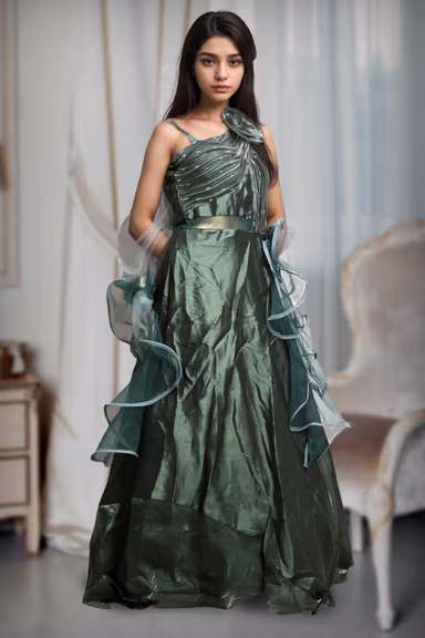 Dark Sage Green Frilled Gown With Stone Worked Yoke Along With Frilled Dupatta — view 3 of 4