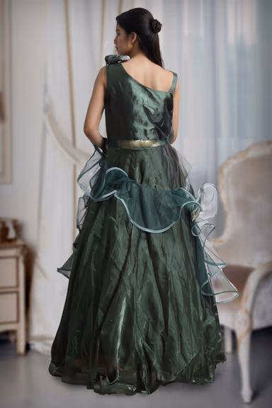 Dark Sage Green Frilled Gown With Stone Worked Yoke Along With Frilled Dupatta — view 4 of 4