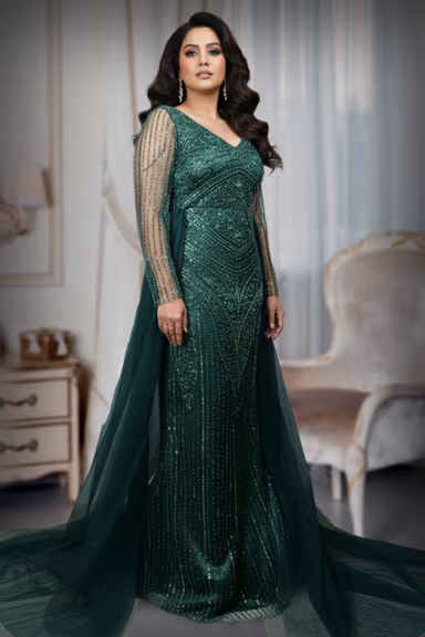 Deep Emerald Green Heavily Embellished Gown with Full Sleeves and Over-Skirt Detail — view 3 of 6