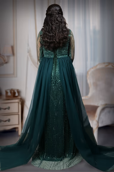 Deep Emerald Green Heavily Embellished Gown with Full Sleeves and Over-Skirt Detail — view 6 of 6