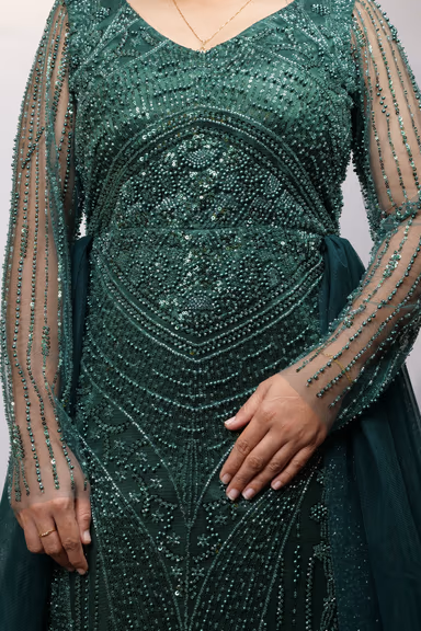Deep Emerald Green Heavily Embellished Gown with Full Sleeves and Over-Skirt Detail — view 5 of 6