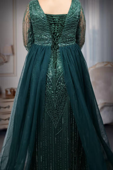 Deep Emerald Green Heavily Embellished Gown with Full Sleeves and Over-Skirt Detail — view 4 of 6