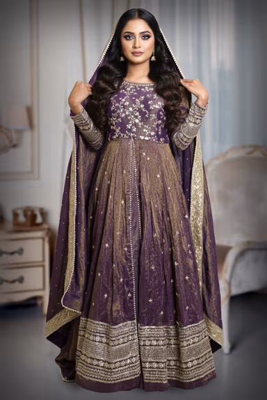 Stunning Deep Purple Silk Anarkali Gown Boasting Delicate Floral Zari Work And A Contrasting Gold Bordered… — view 3 of 3