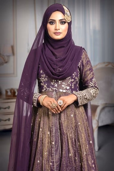 Stunning Deep Purple Silk Anarkali Gown Boasting Delicate Floral Zari Work And A Contrasting Gold Bordered… — view 1 of 3