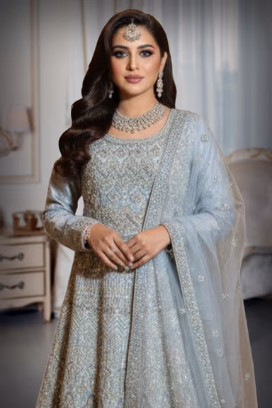 Elegant Grey Designer Gown Featuring Intricate All-Over Sequined Patterns And Matching Net Dupatta For A… — view 1 of 2
