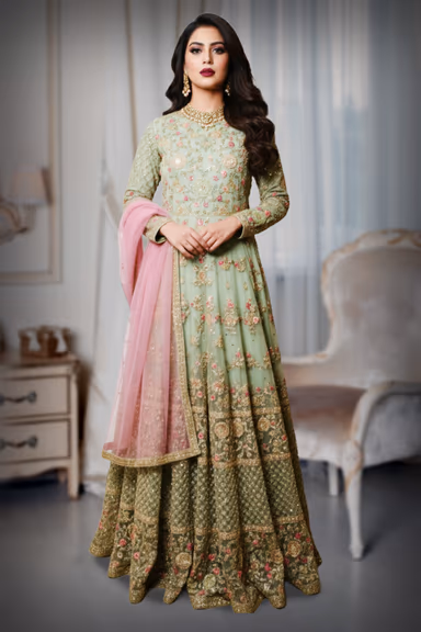 Designer Light Green Outfit Features A Unique Silhouette And Dazzling Embellishments — view 2 of 4