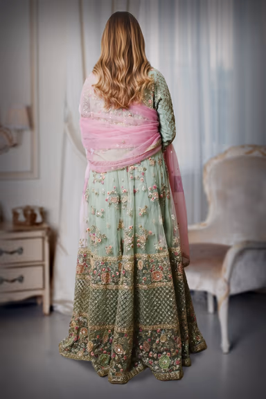 Designer Light Green Outfit Features A Unique Silhouette And Dazzling Embellishments — view 4 of 4