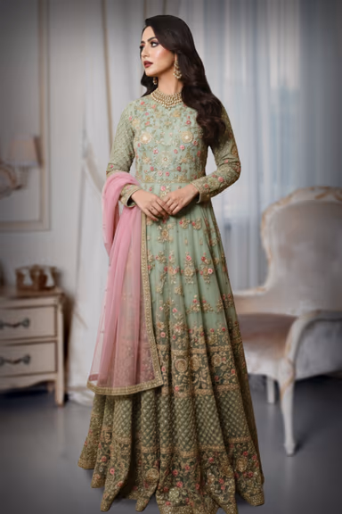 Designer Light Green Outfit Features A Unique Silhouette And Dazzling Embellishments — view 3 of 4