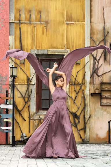 Dewberry Sleeveless Gown With Halter neck and Tail Extended From Neck — view 2 of 3