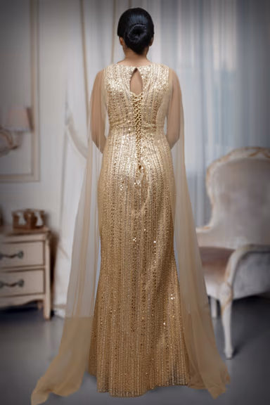 Dusty Lilac Heavily Embellished Fit-and-Flare Gown with Shoulder Cape — view 3 of 5
