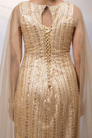 Dusty Lilac Heavily Embellished Fit-and-Flare Gown with Shoulder Cape — view 4 of 5