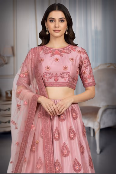 Dusty Rose Pink Embroidered Net Lehenga Choli with Dupatta — view 1 of 2