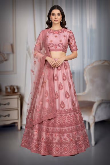 Dusty Rose Pink Embroidered Net Lehenga Choli with Dupatta — view 2 of 2