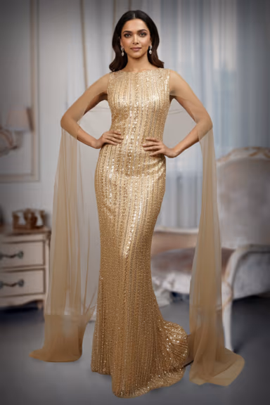 Full Sequin High-Neck Gold Column Gown with Sheer Tulle Cape — view 2 of 5