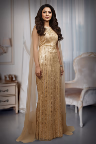 Full Sequin High-Neck Gold Column Gown with Sheer Tulle Cape — view 3 of 5