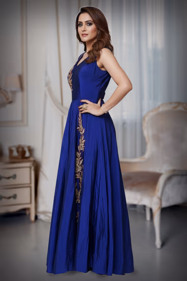 Golden floral with royal blue gown — view 3 of 4