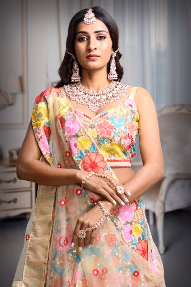 Golden and Pink Multicoloured Floral  motif Embellished Vibrant lehenga Set — view 1 of 5