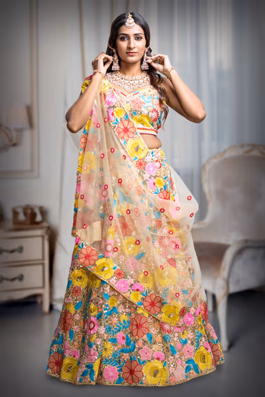 Golden and Pink Multicoloured Floral  motif Embellished Vibrant lehenga Set — view 2 of 5