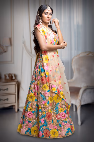 Golden and Pink Multicoloured Floral  motif Embellished Vibrant lehenga Set — view 3 of 5