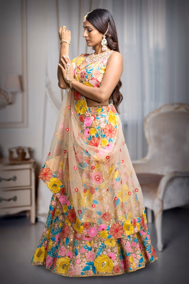 Golden and Pink Multicoloured Floral  motif Embellished Vibrant lehenga Set — view 4 of 5