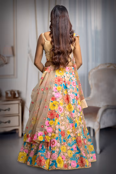 Golden and Pink Multicoloured Floral  motif Embellished Vibrant lehenga Set — view 5 of 5