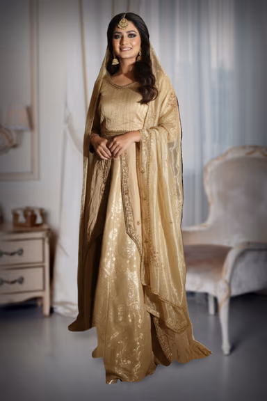 Elegant Golden Silk Anarkali Suit Featuring Intricate Sequin Work Delicate Floral Hand Embroidery And A… — view 2 of 2