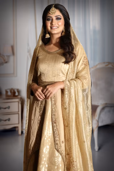 Elegant Golden Silk Anarkali Suit Featuring Intricate Sequin Work Delicate Floral Hand Embroidery And A… — view 1 of 2