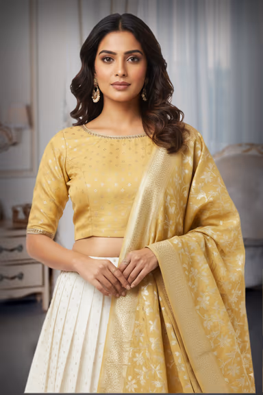 Golden And White Minimal Pre Wedding Lehenga With Brocade Skirt And Handworked Top — view 1 of 2