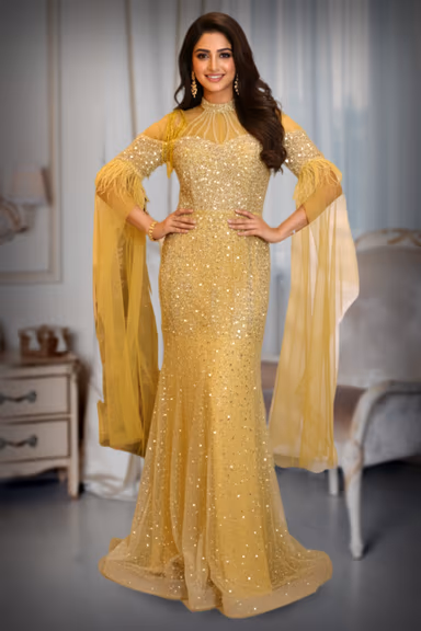 Golden Yellow  Mermaid Gown with sequin work details — view 2 of 3