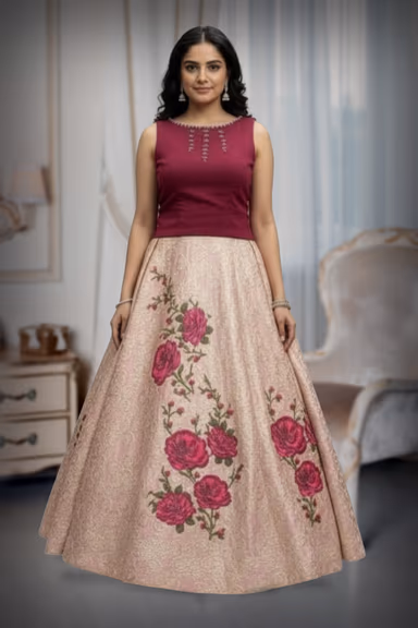 Graceful Baby Pink Lehenga with Golden Detailing and Contrast Maroon Blouse — view 1 of 2