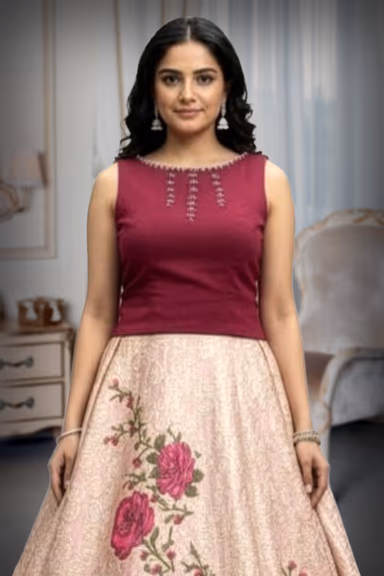 Graceful Baby Pink Lehenga with Golden Detailing and Contrast Maroon Blouse — view 2 of 2