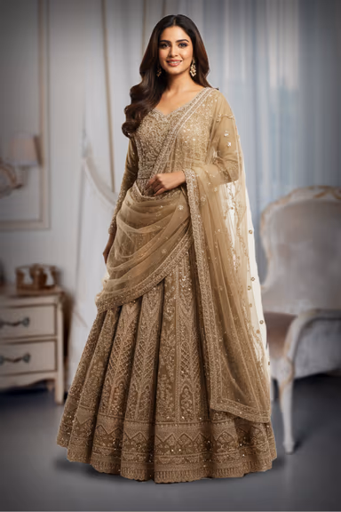 Graceful Ochre Beige Lehenga Choli Set Detailed With Delicate Floral Embroidery And Shimmering Accents — view 2 of 2