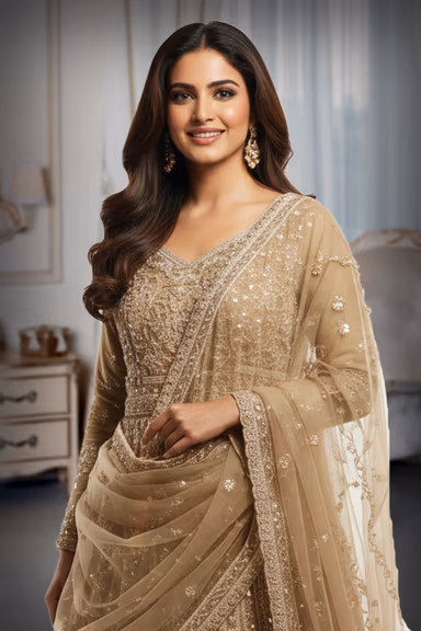 Graceful Ochre Beige Lehenga Choli Set Detailed With Delicate Floral Embroidery And Shimmering Accents — view 1 of 2