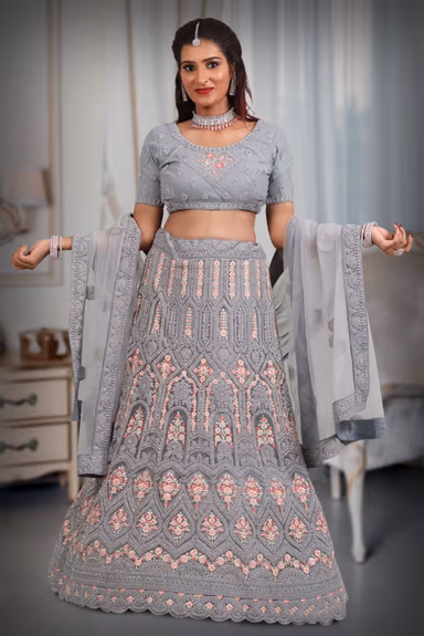 Gray embroidery work lehenga — view 2 of 5