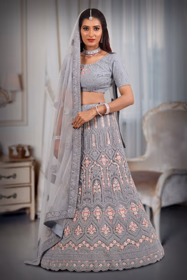 Gray embroidery work lehenga — view 4 of 5