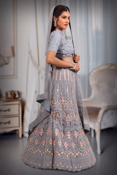 Gray embroidery work lehenga — view 3 of 5