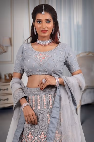 Gray embroidery work lehenga — view 1 of 5