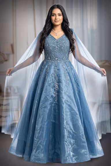 Heavy Hand Worked yoke , Flared gown organza tissue material with flared sleeves — view 2 of 2