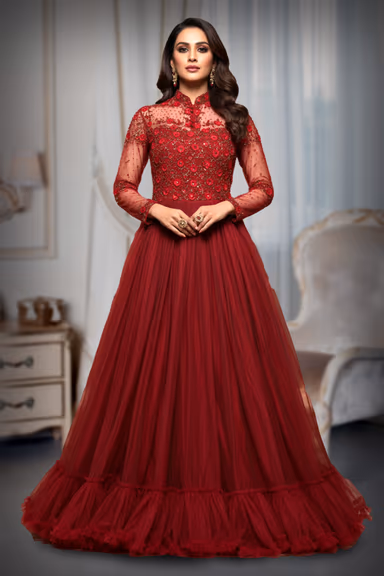 Heavy Handworked Cherry Red Gown With Heavy Handwork Details On Front And Back Yoke Along With Sleeves — view 2 of 3