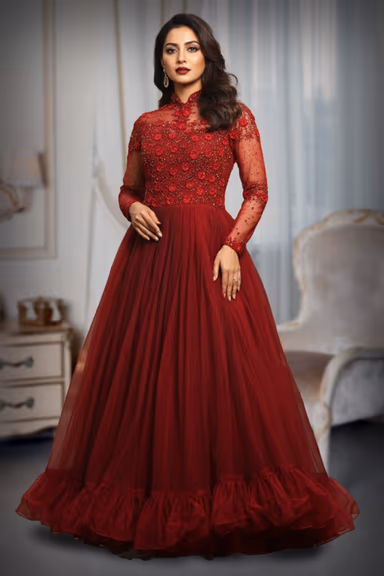 Heavy Handworked Cherry Red Gown With Heavy Handwork Details On Front And Back Yoke Along With Sleeves — view 3 of 3