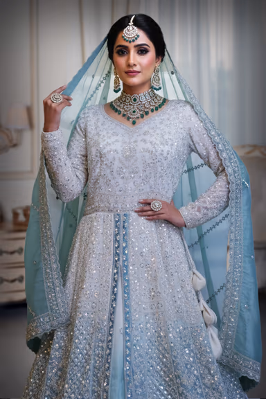Heavily Embroidered Kalidar Maxi Gown with Contrast Organza Dupatta — view 1 of 2