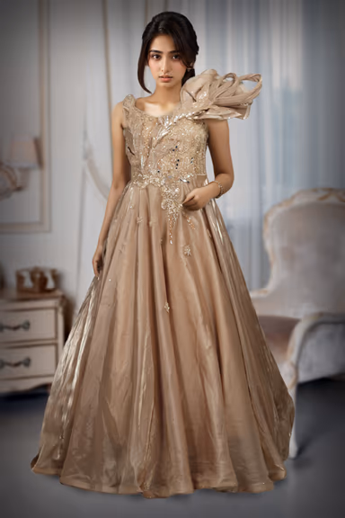 Heizel Beige Tissue Silk Gown With Work Embellishments On Yoke Part That Extends Through Waist — view 2 of 3