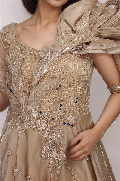 Heizel Beige Tissue Silk Gown With Work Embellishments On Yoke Part That Extends Through Waist — view 3 of 3