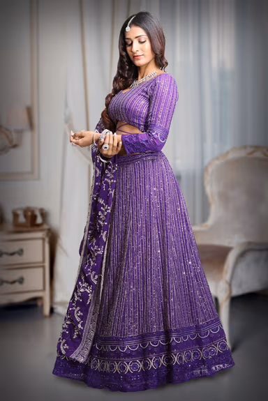 Iris Violet Heavy Embellished Lehenga With Threadwork and Sequin work With Deepcut Blouse with Midriff Floss… — view 4 of 5