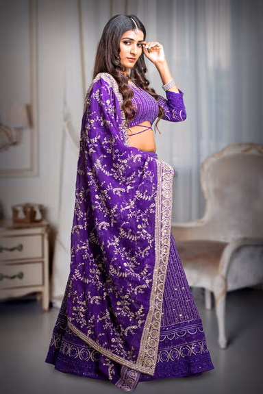Iris Violet Heavy Embellished Lehenga With Threadwork and Sequin work With Deepcut Blouse with Midriff Floss… — view 3 of 5
