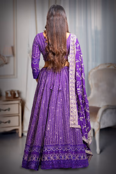 Iris Violet Heavy Embellished Lehenga With Threadwork and Sequin work With Deepcut Blouse with Midriff Floss… — view 5 of 5