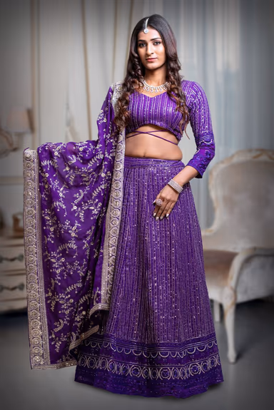 Iris Violet Heavy Embellished Lehenga With Threadwork and Sequin work With Deepcut Blouse with Midriff Floss… — view 2 of 5
