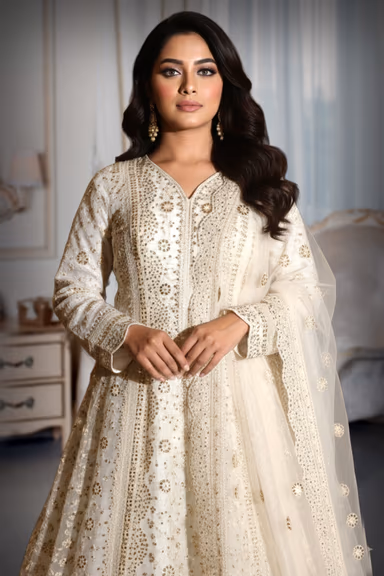 Elegant Ivory Anarkali Suit Adorned With Delicate Gold Mirror Work And Floral Motifs Paired With A Graceful… — view 1 of 2